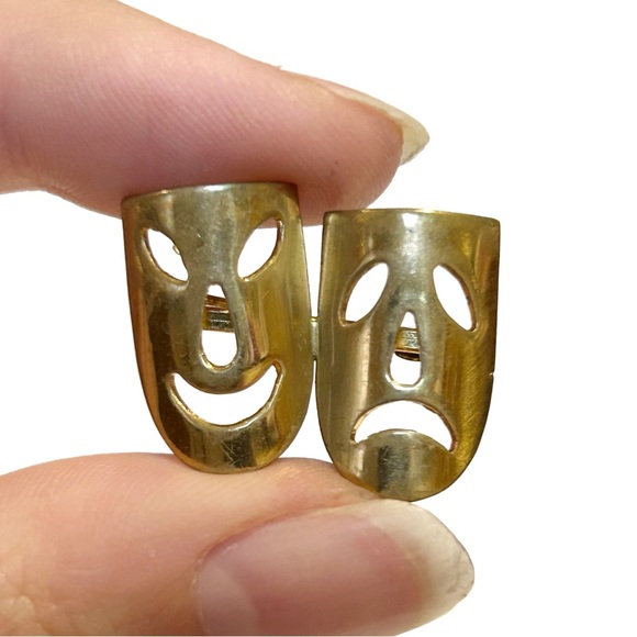 Vintage Drama Theatre Acting Masks Brooch Pin Gold Tone Comedy Tragedy Play Act - Picture 5 of 7